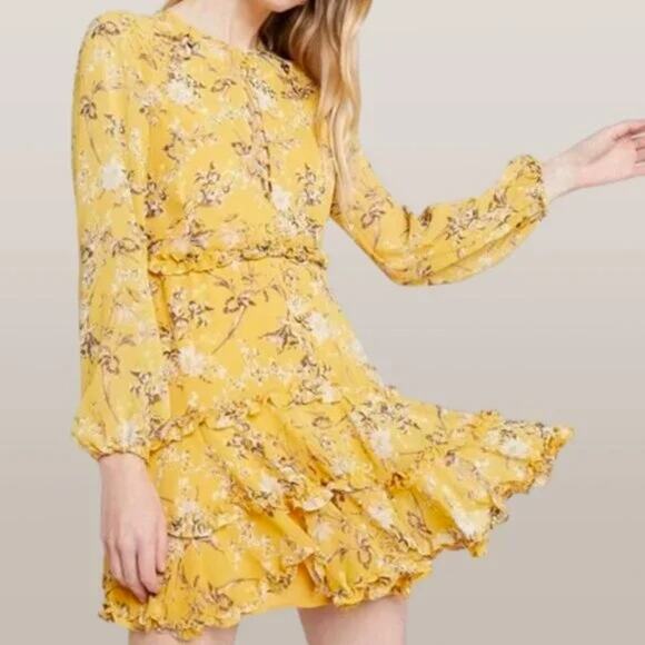 Bardot Yellow Floral Lace Up Ruffle Romantic Mini Dress SZ 8 - Picture 1 of 12